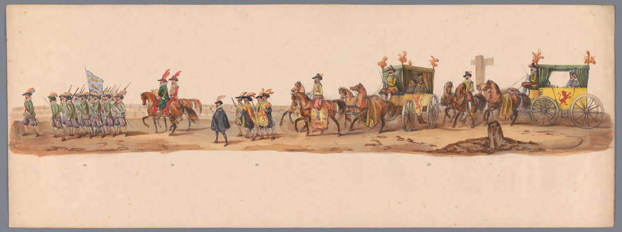 Historický průvod u druhého stého výročí Utrechtské univerzity aplikovaných věd, 1836 (deska 6) Přiblížení nizozemských armád k Ostende, 3. července 1600, den po vítězství u Nieuwpoortu; podle krojovaného znázornění udávaného H H Studentem od Victor Adam