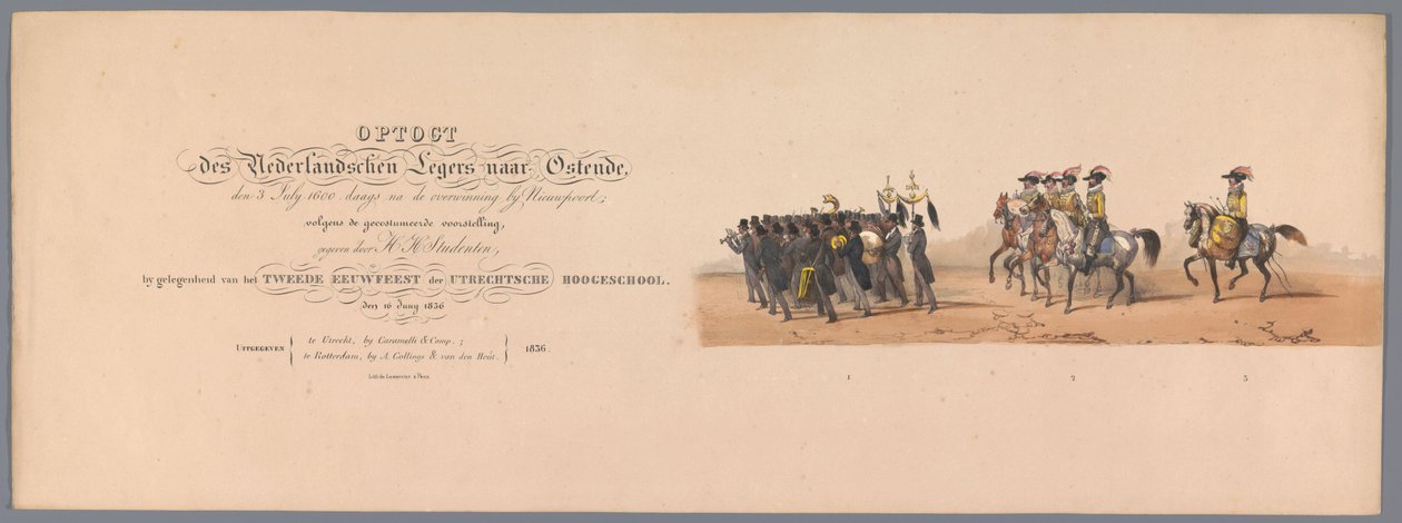Historický průvod u druhého stého výročí Utrechtské univerzity aplikovaných věd, 1836 (titulní tisk) Přiblížení nizozemských armád k Ostende, 3. července 1600, den po vítězství u Nieuwpoortu; podle kroje daného H H Stud od Victor Adam