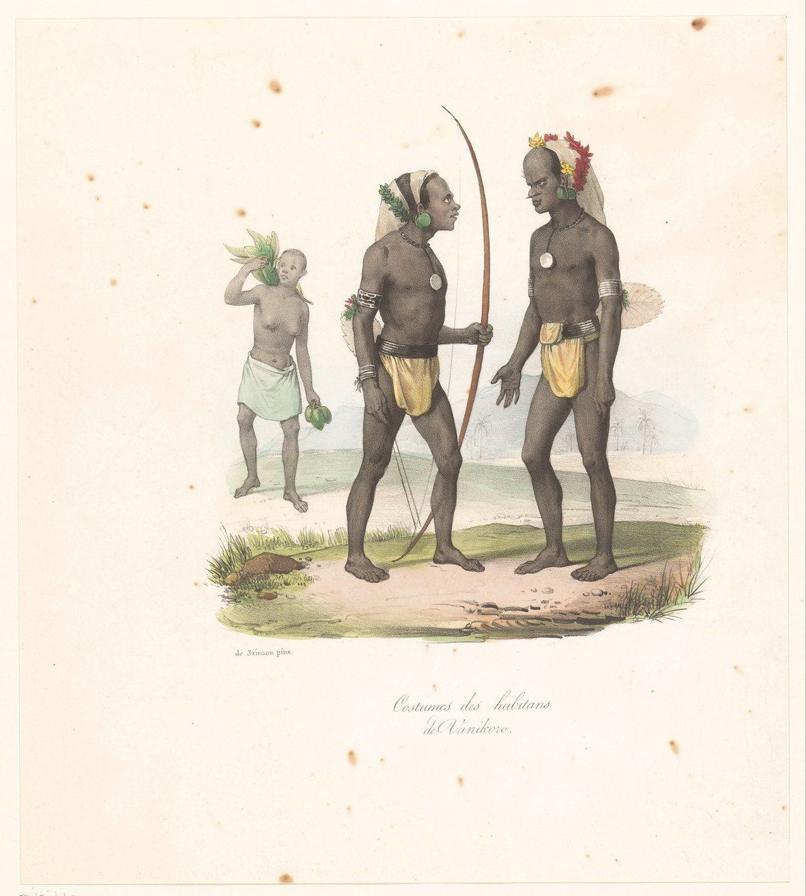 Oblečení obyvatel Vanikoro Costumes des habitans de Vanikoro (název na objektu) Cesta za objevem astrolábu (název série) Voyage de découvertes de l