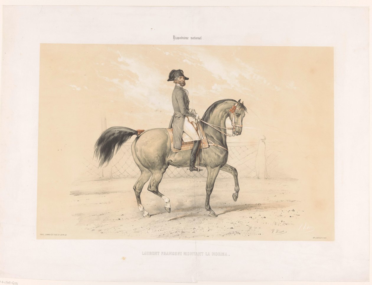 Laurent Franconi na své klisně Norma Laurent Franconi Montant la Norma. (název na objektu) Koně a jezdci na dostihovém závodišti (název seriálu) Hippodrôme national (název série na objektu) od Victor Adam