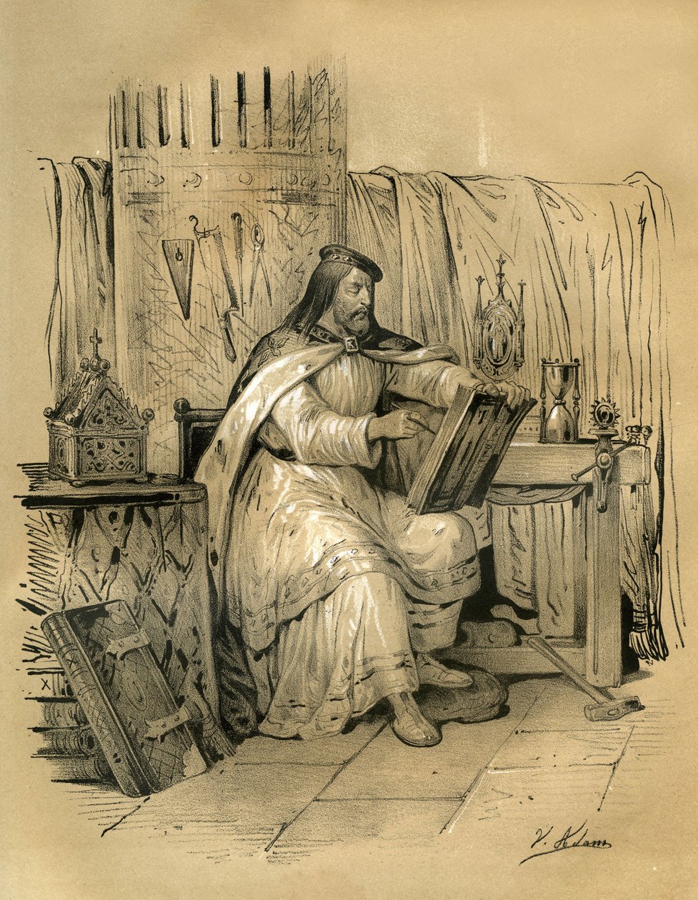 Svatý Eloi (v.588-660) zlatník a tresor franského krále Dagoberta 1., od roku 641 až do své smrti eveque z Noyonu. Rytina Victora Adama (1801-1866) v knize "Francie ve středověku" vydané bratry Ardantovými v polovině 19. století. od Victor Adam
