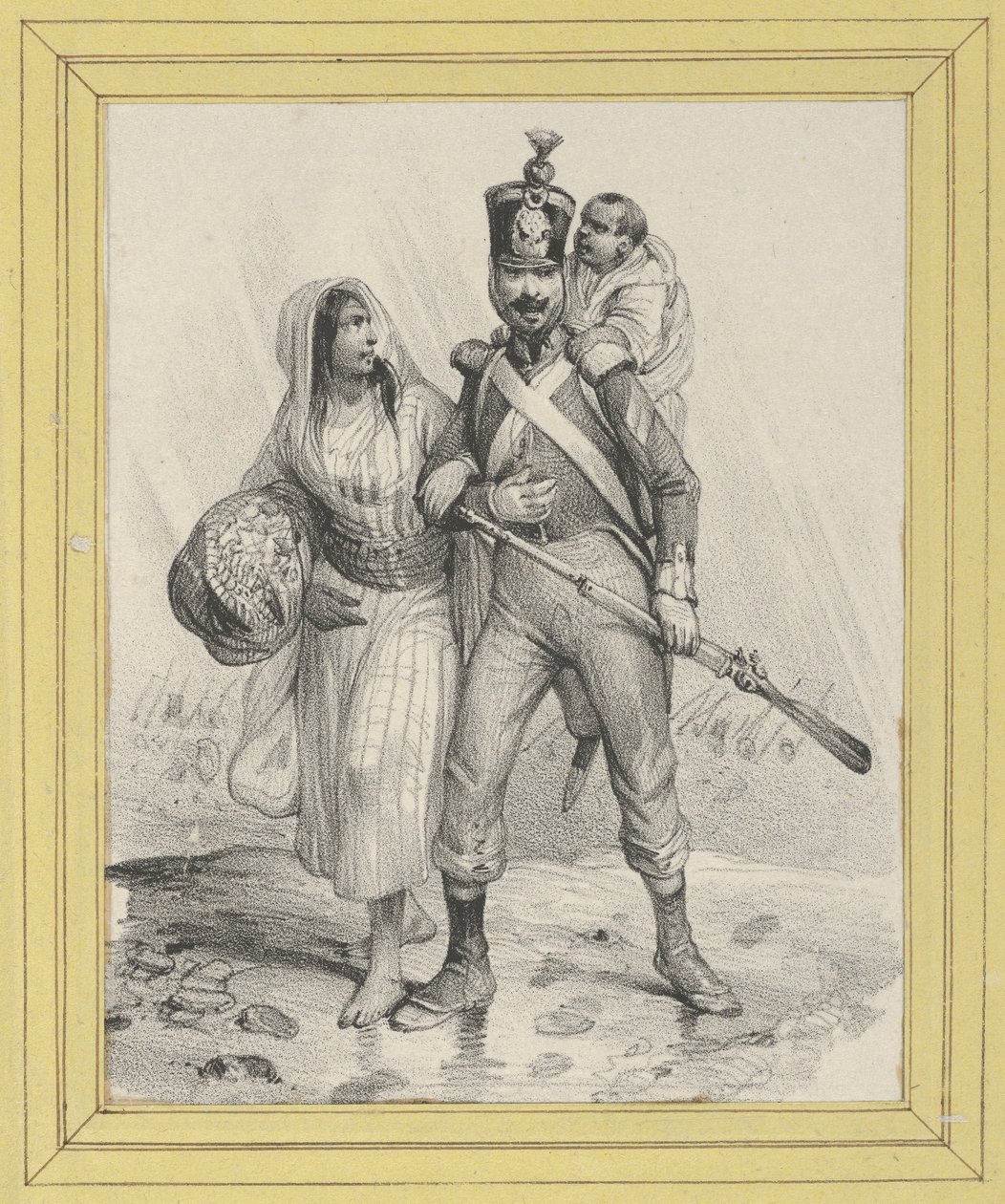 Soldat mit einer Frau am Arm und einem Kind auf dem Rücken od Victor Adam