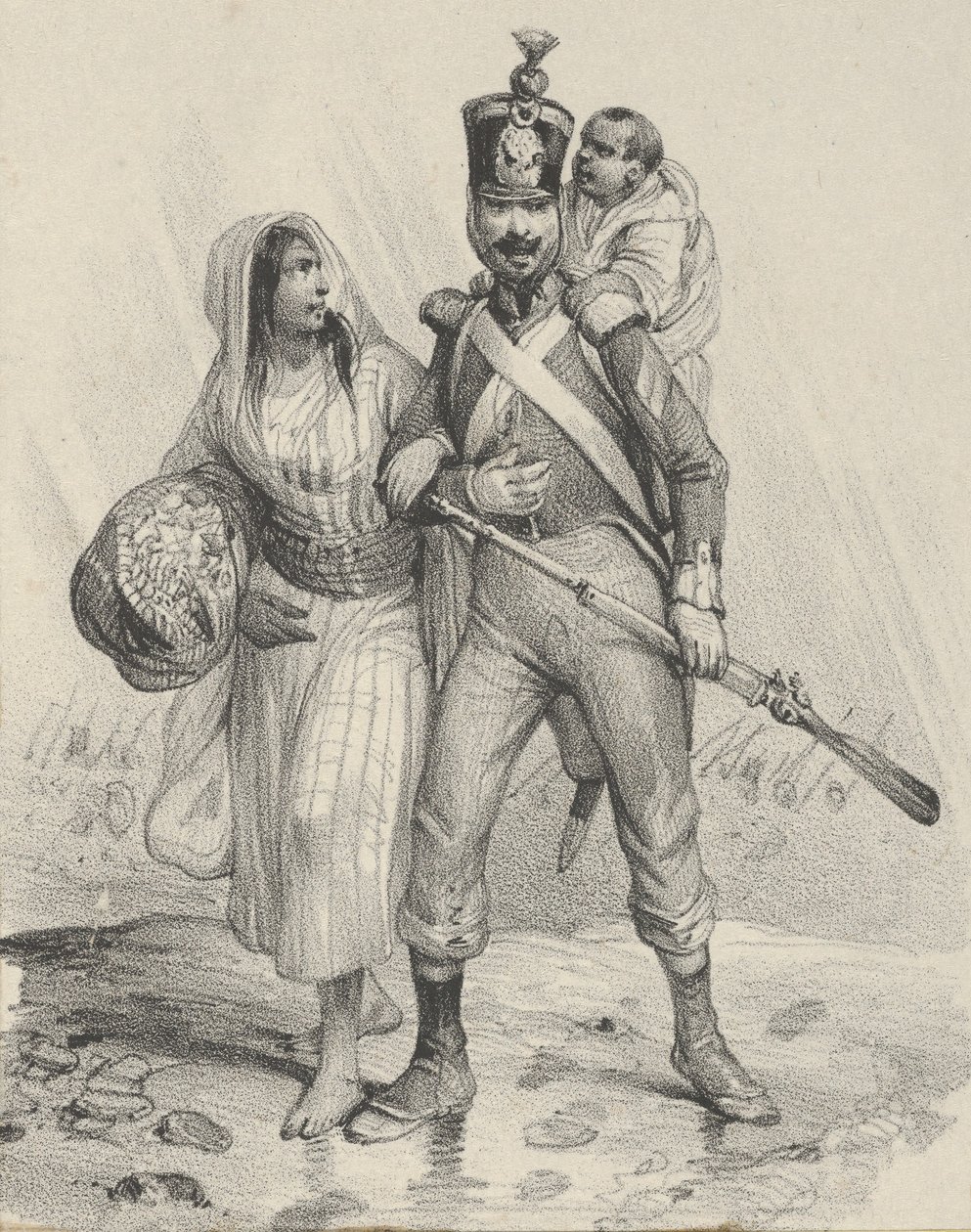 Voják se ženou na paži a dítětem na zádech, polovina 19. od Victor Adam