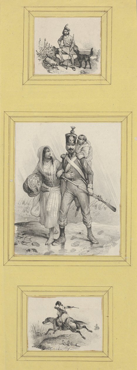 Soldaten und ein Highlander (3 Drucke unterschiedlicher Größe auf ein gelbes Blatt geklebt) od Victor Adam