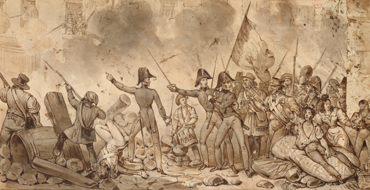 Dobytí kasáren na Rue de Babylone, 29. července 1830 (nákres) od Victor Adam