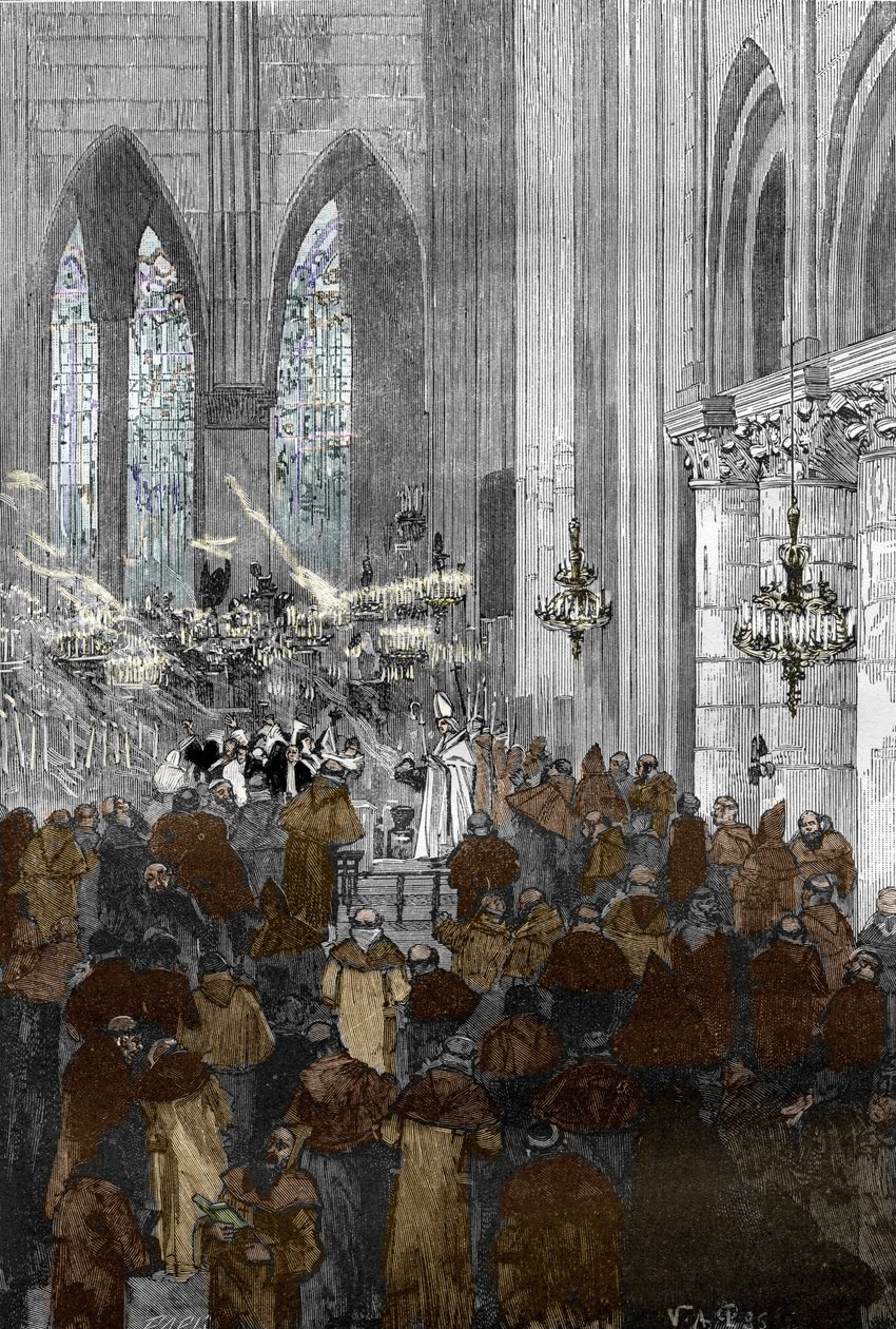 Aféra posedlých z Loudunu (Démoni z Loudunu) ca. 1630: posedlé jeptišky v kostele st Croix v Loudunu během exorcismu, po událostech od Victor Armand Poirson