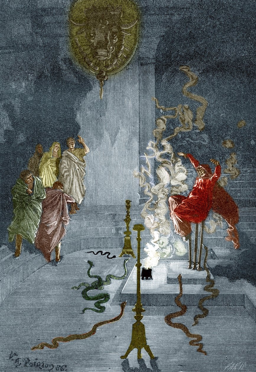 Starověké Řecko: „Reprezentace Pýthie, kněžky v Apollónově chrámu ve starověkém Řecku“ Rytina z „Záhady vědy“ od Louise Figuiera, soukromá sbírka od Victor Armand Poirson