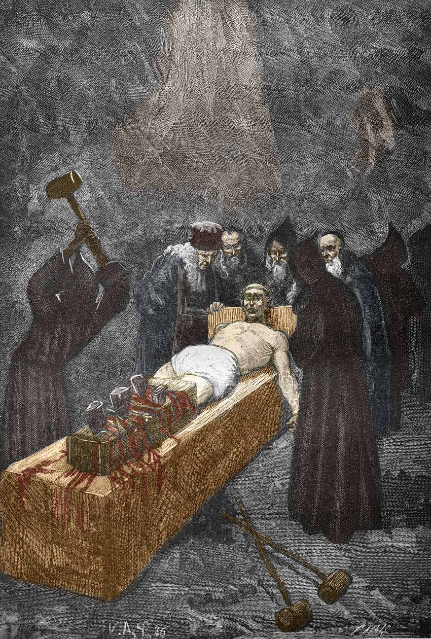 Případ Posssedes z Loudunu (démonů de Loudun) kolem roku 1630: hon na čarodějnice, francouzský kněz Urbain Grandier (1590-1634), který údajně uzavřel smlouvu s ďáblem a obviňuje z očarování jeptišek, je mučením k vyšívání - (Urbain Velkolepější, francouzsk od Victor Armand Poirson