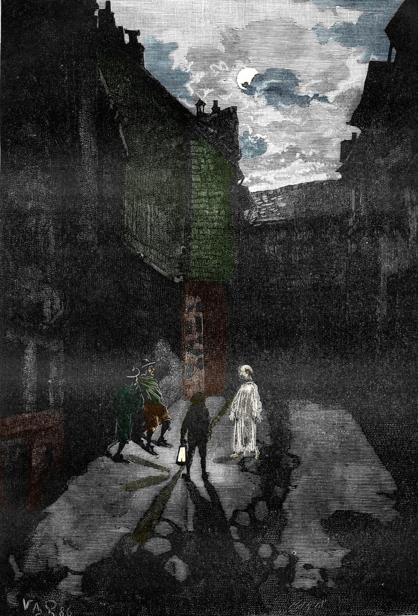 Paranormální fenomen: „“ Vzhled ducha na nádvoří strašidelného hradu ““ (duch se objeví v strašidelném hradu), rytina z „„ Les Mysteres de la Science ““ od Louis Figuier, Private Collection od Victor Armand Poirson