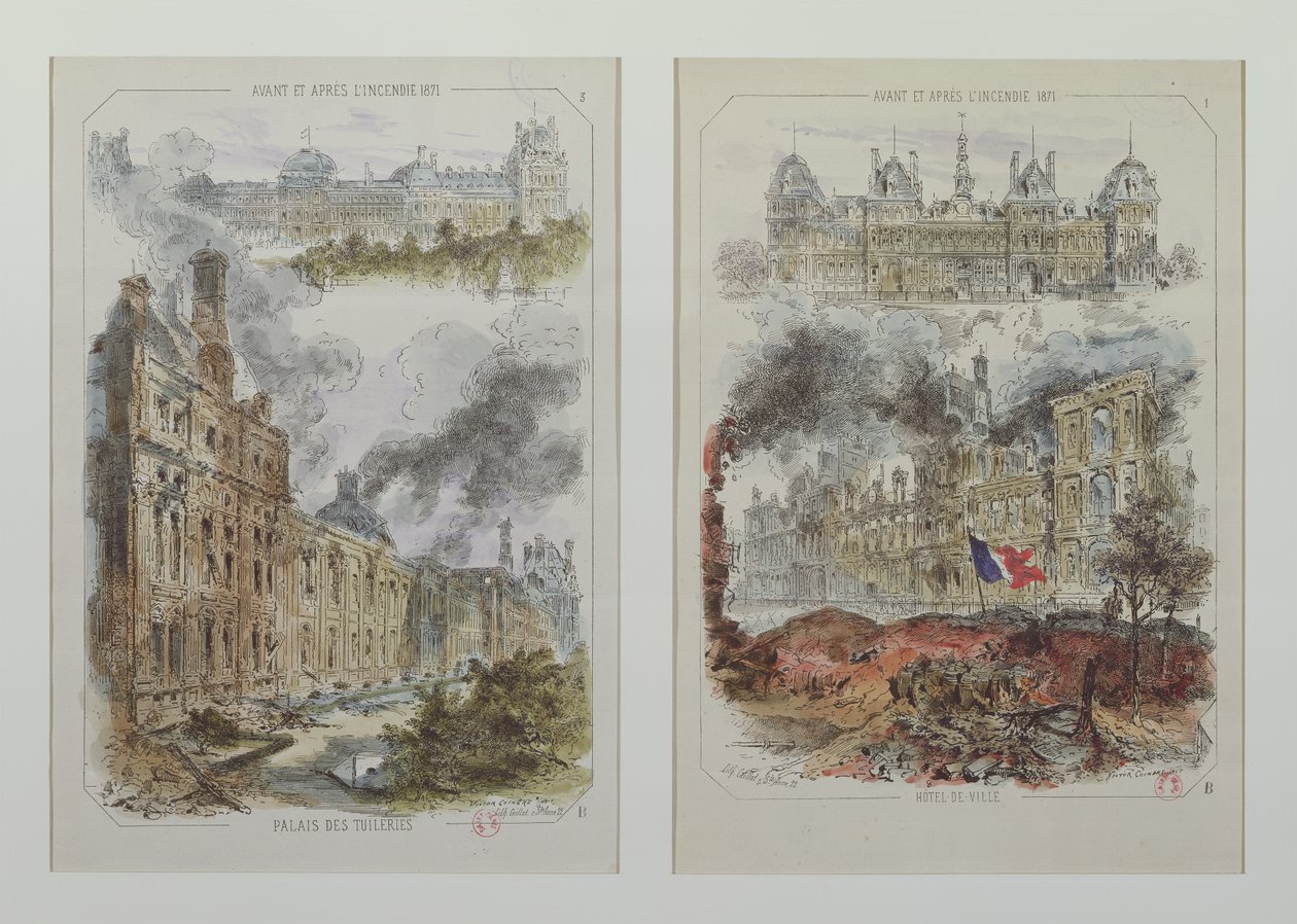 Pohledy na palác Tuileries a Hotel de Ville před a po požárech v roce 1871 od Victor Coindre