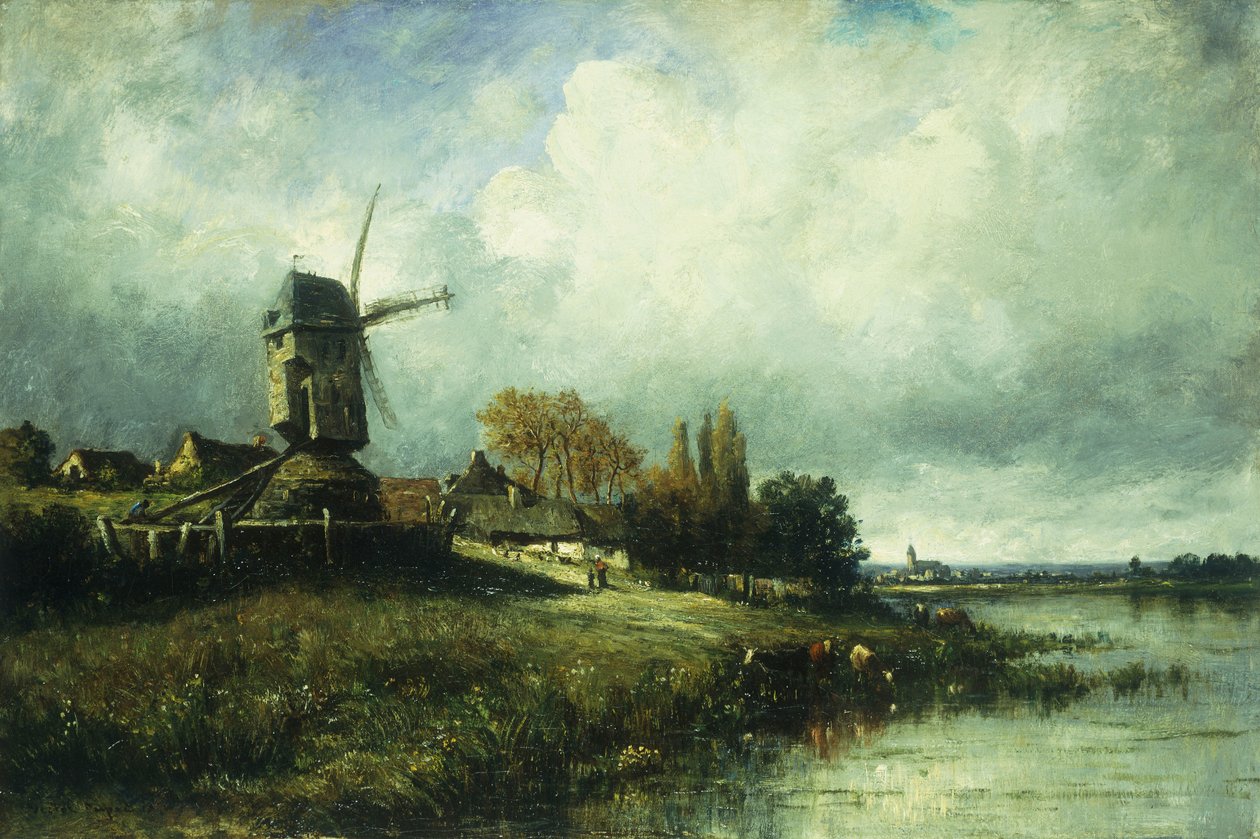 Říční krajina s větrným mlýnem, 1870 od Leon Victor Dupre