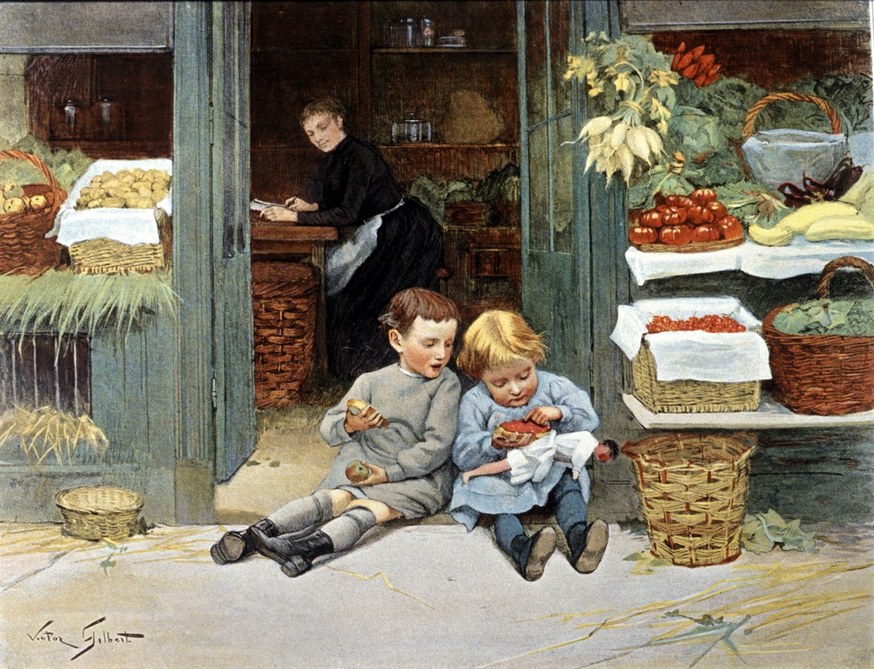 Dvě děti jedí jablko a jahody. Výkres od Victor Gabriel Gilbert