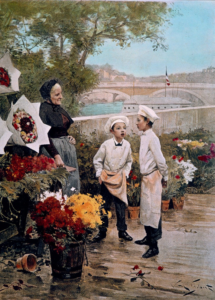 Mecenášský večírek Učni květinářství a květinářství na přístavišti. Rytina podle obrazu Victora Gabriela Gilberta (1847-1933) 19. století. Paříž, dekorativní umění od Victor Gabriel Gilbert