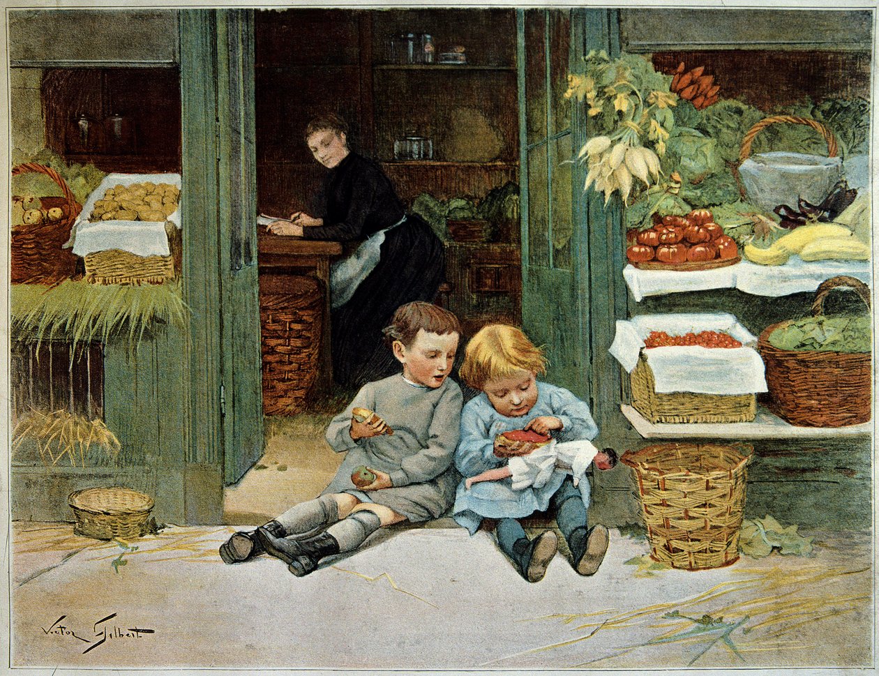 Prohlídka ho. Dítě jí toasty před potravinami jejich matky. Holčička má na kolenou panenku. Obraz Victora Gilberta (1847-1935). Paříž, dekorativní umění od Victor Gabriel Gilbert