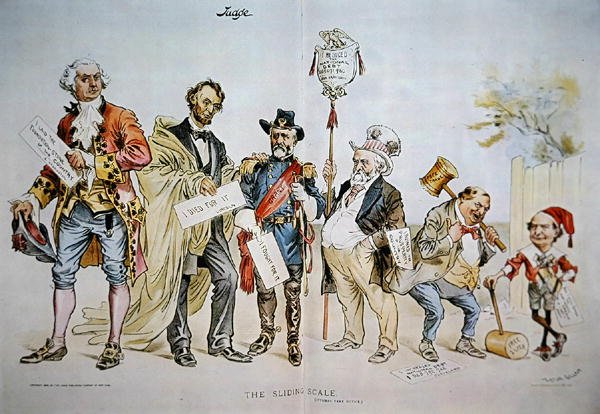 Kreslený film zobrazující „Posuvné měřítko“ v politickém postavení v USA, uvedený v „Soudci“, 3. října 1896 (barevně lito) od Victor Gillam