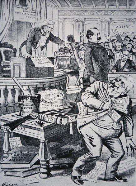 Grover Cleveland (1837-1908) vyprávějící pravdu o svém soukromém životě, zatímco jeho protivník James Blaine (1830-93) je zobrazen jako zkorumpovaný od Victor Gillam