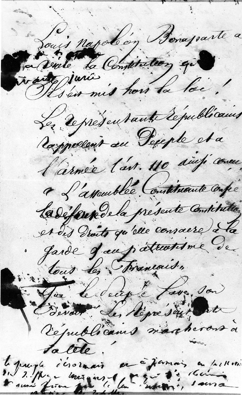 První strana Manifestu vyzývajícího pařížský lid, aby odmítl porušení francouzské ústavy Louisem Napoleonem Bonapartem z roku 1851 (pero a inkoust na papíře) od Victor Hugo