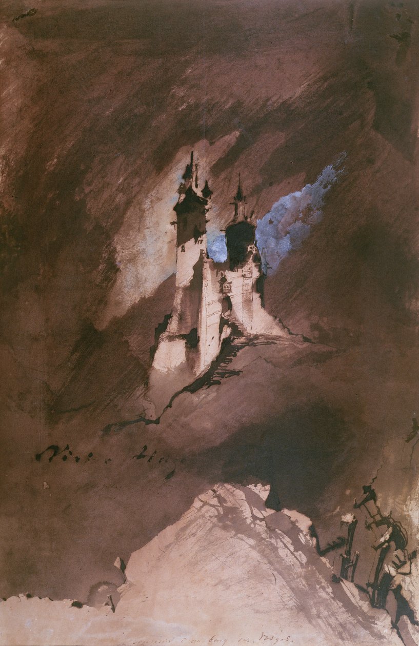 Vzpomínka na hrad ve Vogézách, 1857 (pero a inkoust, mytí a kvaš na papíře) od Victor Hugo