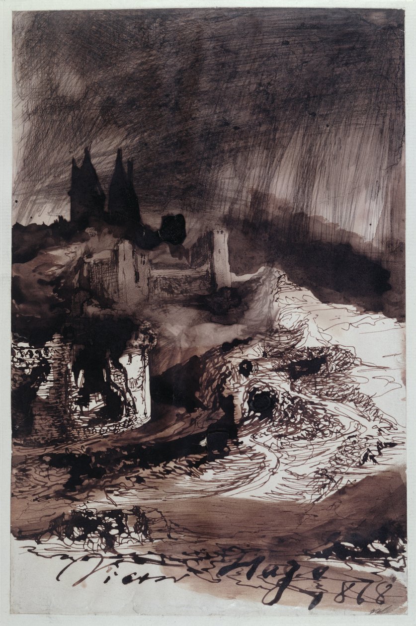 The Castle, 1878 (pero a inkoust a mytí na papíře) od Victor Hugo