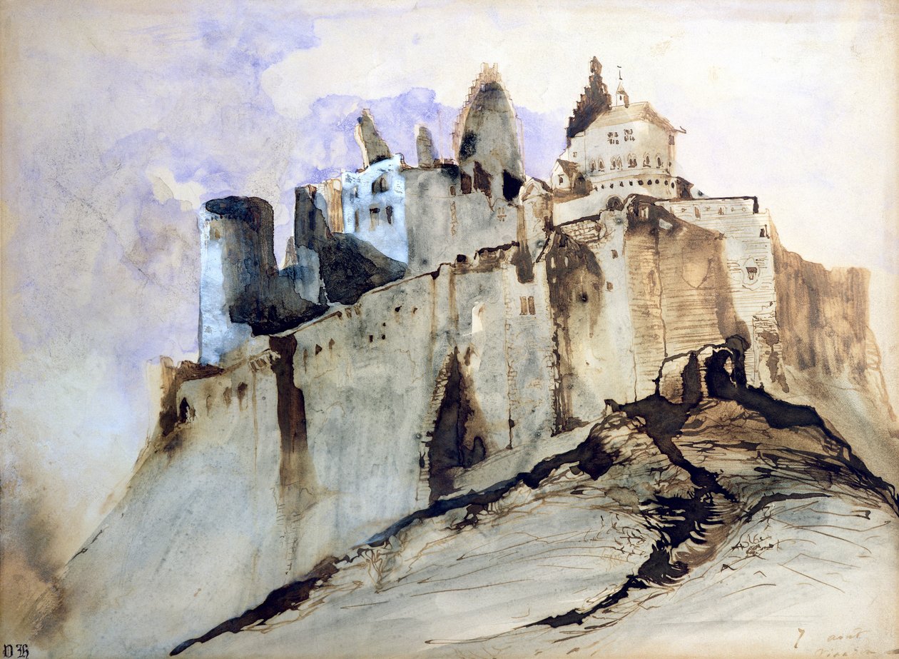 Zámek Vianden, 1871 (wc, pero a inkoust a mytí na papíře) od Victor Hugo