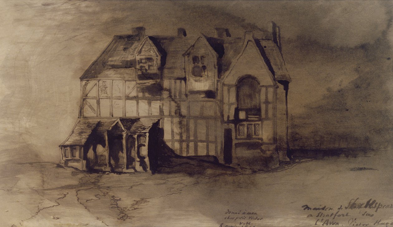 Dům Williama Shakespeara (1564-1616) ve Stratfordu nad Avonou (pero, tuš a wash na papíře) od Victor Hugo