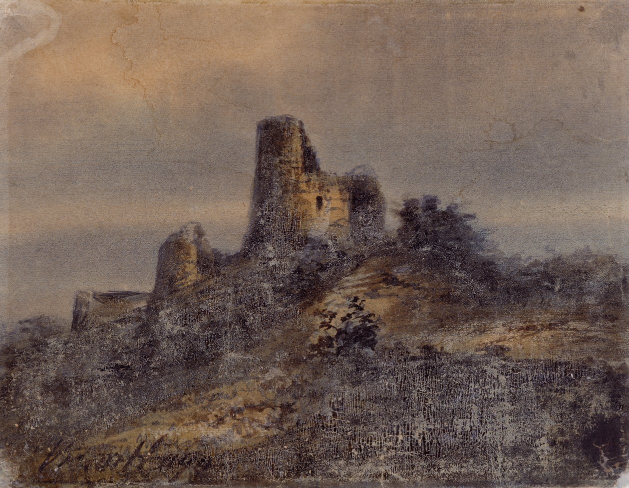 Pohled na zříceninu hradu Arques la Bataille (Arques-la-Bataille) Kresba Victora Huga (1802-1885) 19. století Rozměr 17,4x22 cm Marseille, Chateau Borely, Muzeum dekorativních umění, fajánse a módy od Victor Hugo