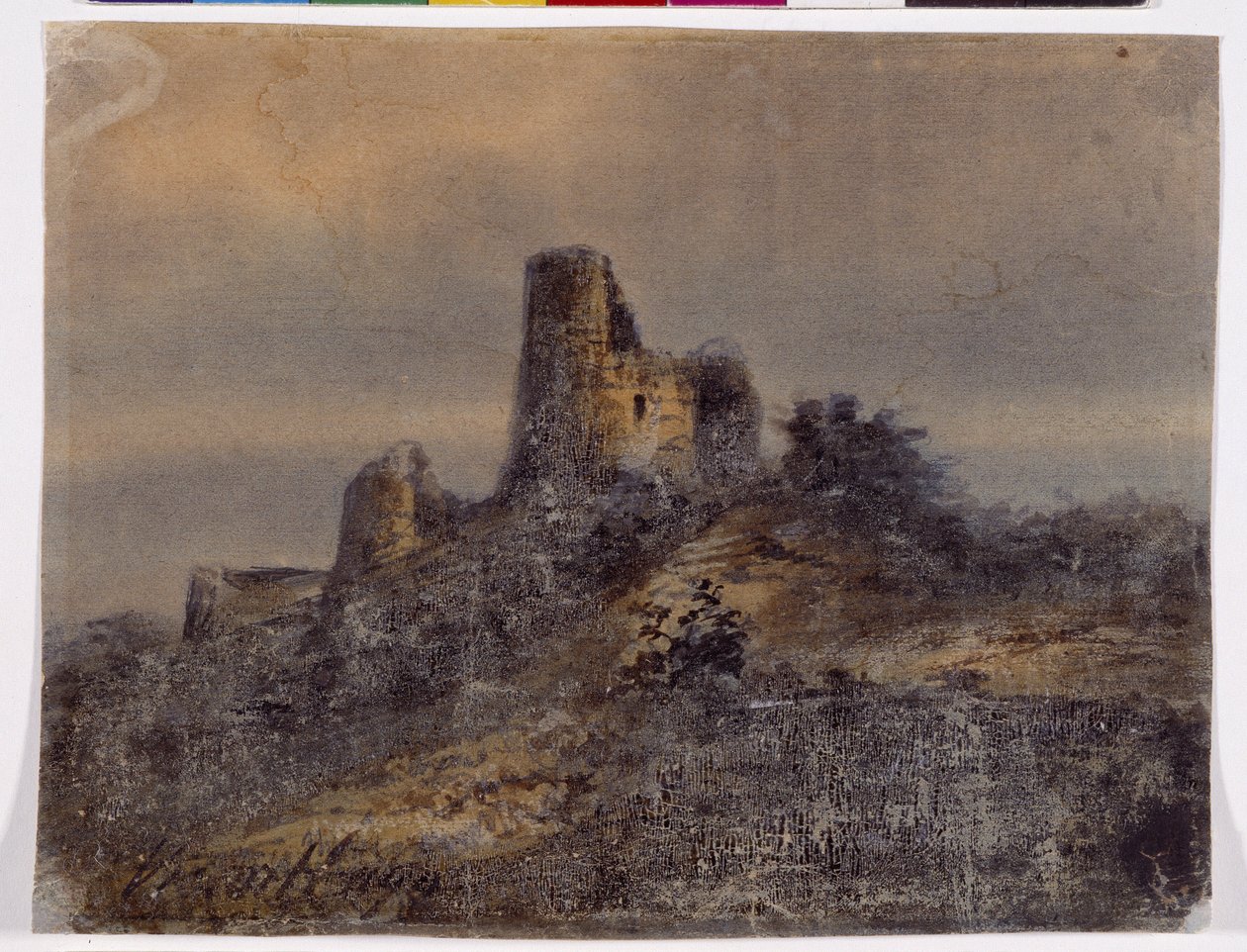 Pohled na zříceninu hradu Arques la Bataille (Arques-la-Bataille) Kresba Victora Huga (1802-1885) 19. století Rozměr 17,4x22 cm Marseille, Chateau Borely, Muzeum dekorativního umění, fajánse a módy od Victor Hugo
