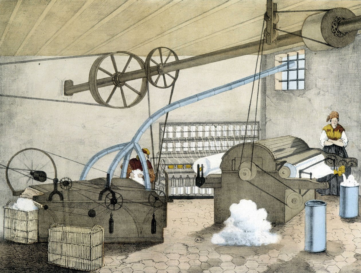 Mechanické předení - litho od Jansona. 19. století. od Victor Janson