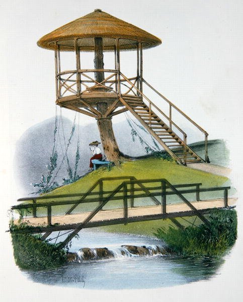 Chata a rustikální most v Parc de la Motte, Bourgogne, ilustrace z „Habitations Champetres“ vydané v Paříži, kolem roku 1895 (chromolitho) od Victor Jean Baptiste (after) Petit