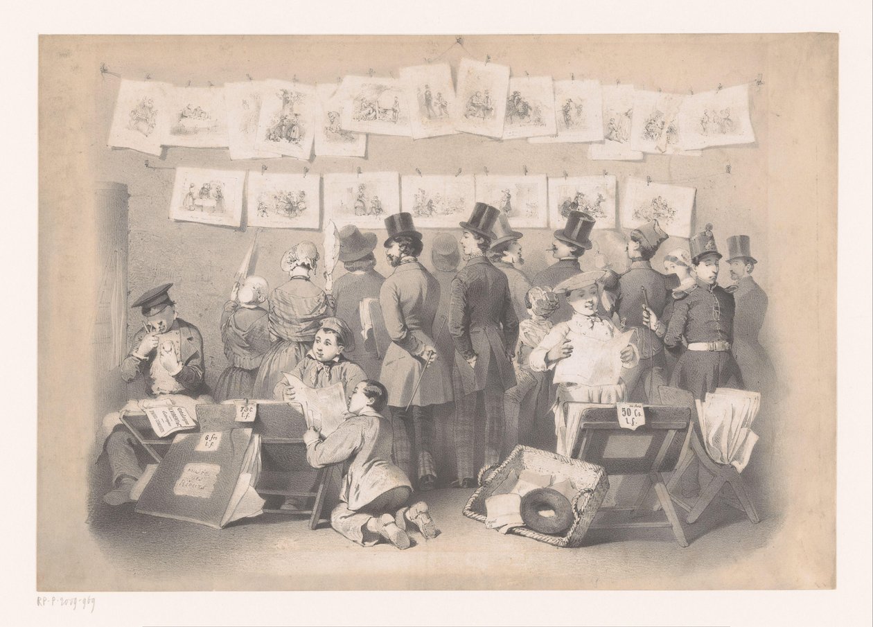 Titelprent se setkal s interieur van een prentenwinkel Laughing Museum (název série) Displej (název série) od Victor Jean François Dollet