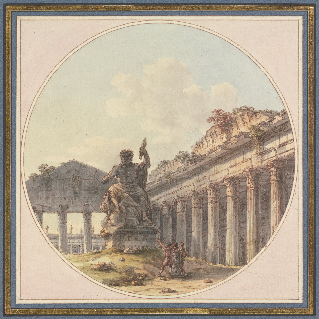 Architektonické capriccio: Interiér chrámové zříceniny se sochou Jupitera Hromovládného a stafážními postavami od Victor Jean Nicolle
