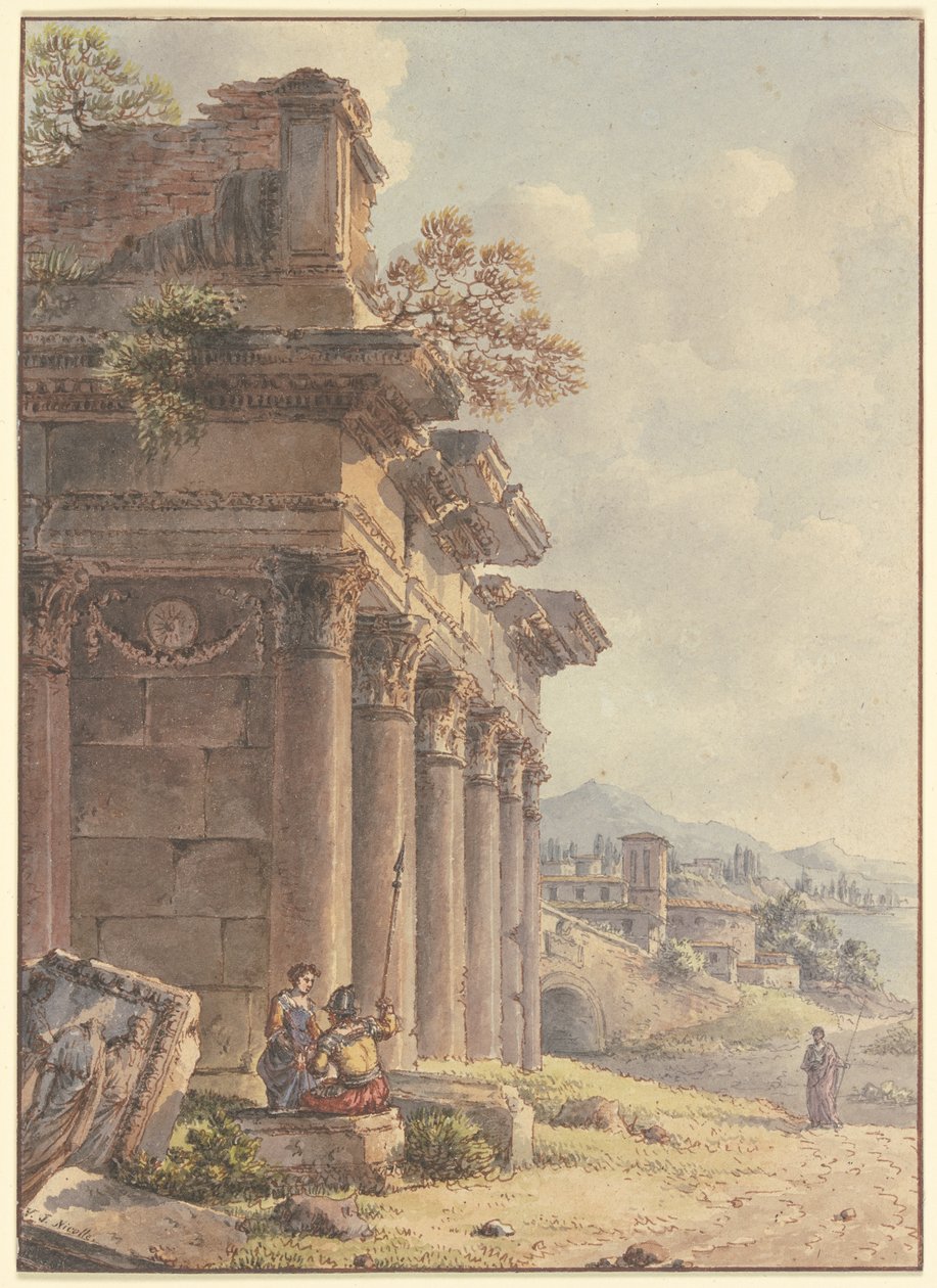 Architektonické capriccio: ruiny chrámového průčelí, v pozadí krajina s budovami a zálivem od Victor Jean Nicolle