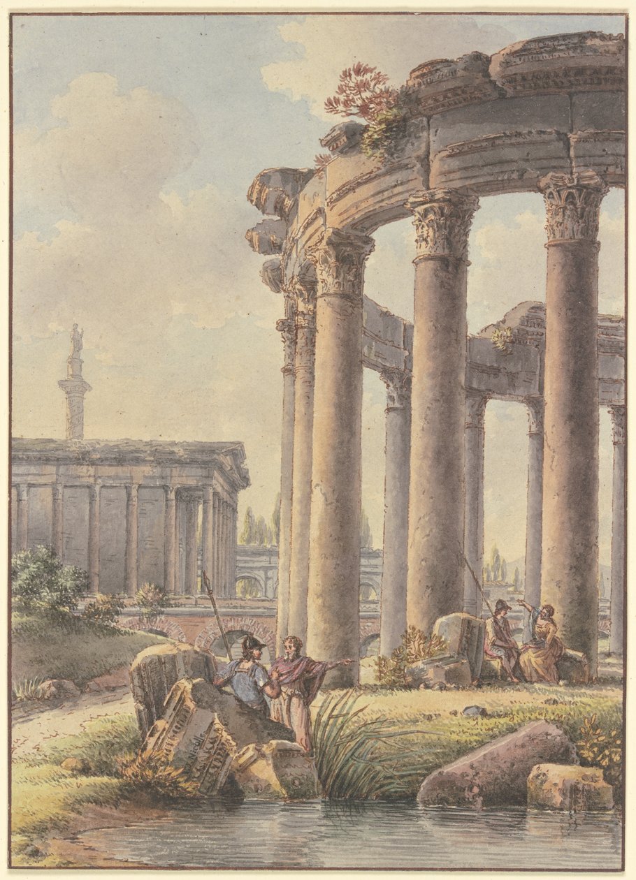 Architektonické capriccio: zříceniny kruhového chrámu, v pozadí Trajánův sloup od Victor Jean Nicolle