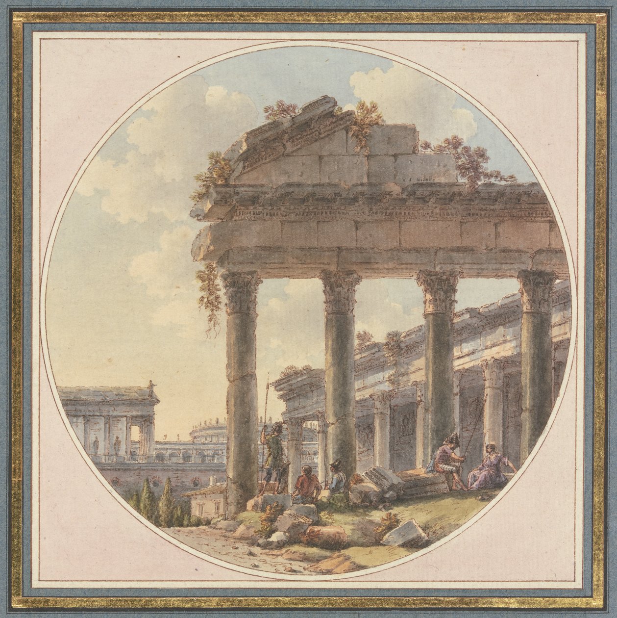 Architektonické capriccio: zřícenina chrámu a stafážní figury od Victor Jean Nicolle