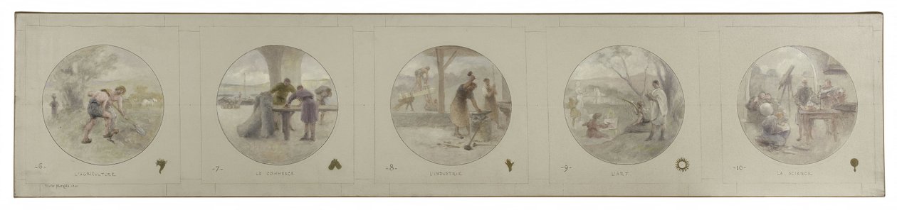 Skica pro galerii Lobau na pařížské radnici: Zemědělství. Obchod. Průmysl. Umění. Věda, 1890 (tužka, olej na plátně) od Victor Jean Pierre Maziès