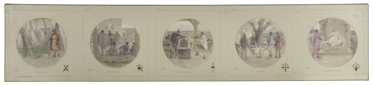 Skica pro galerii Lobau v Hôtel de Ville de Paris: La Milice. Shromáždění. Hlasování. Spravedlnost. Vláda od Victor Jean Pierre Maziès