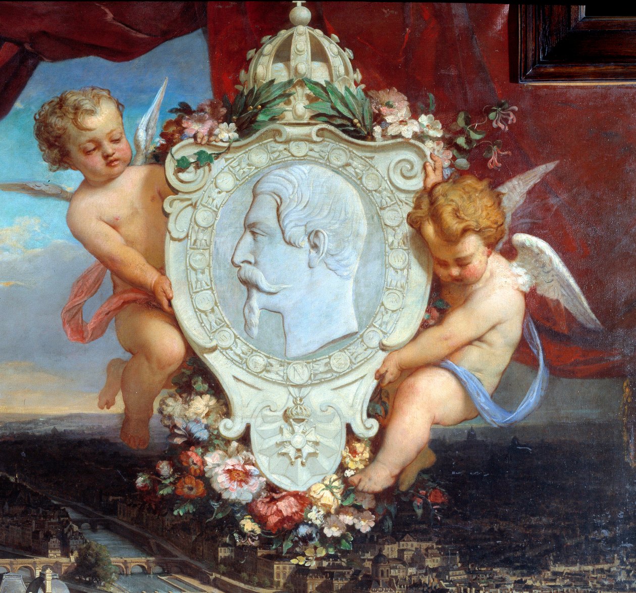 Detail: “” Louvre Napoleona III”” “” Pohled na Palais du Louvre a portrét Napoleona III. (1808-1873) v medailonu”” Obraz Victor Joseph Chavet (1822-1906) 1857 Ne. 2,12 x 2,22 m Paříž, musee du Louvre. od Victor Joseph Chavet