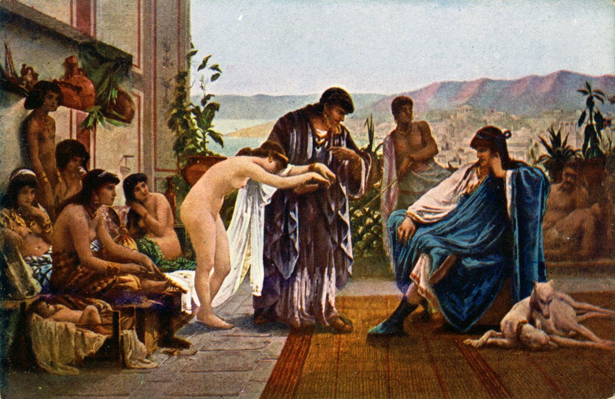 Dějiny. Starověký Řím. Obchodník s otroky. Ilustrace V. Giraud, Česká republika, cca 1910 (pohlednice) od Victor Julien Giraud