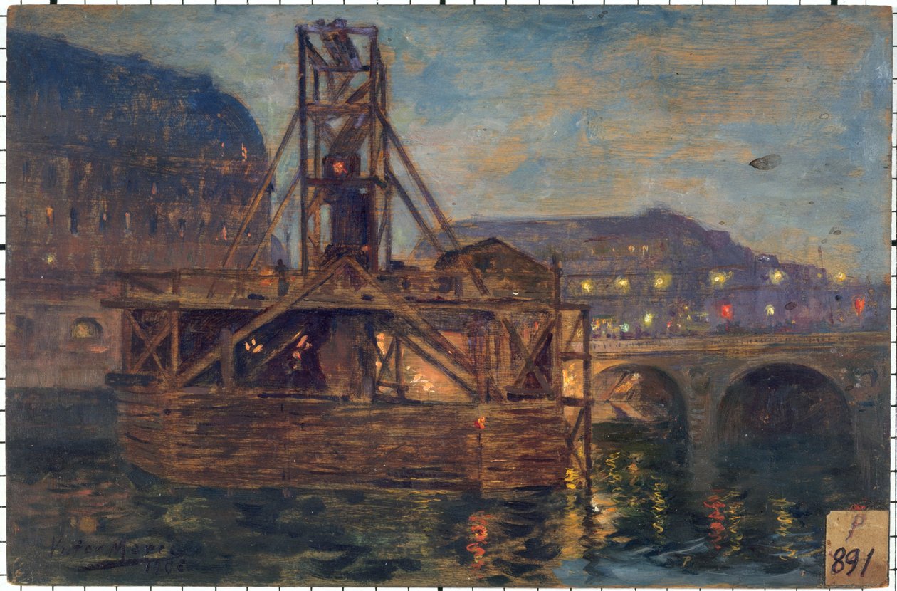 Les travaux du métropolitain au pont Saint-Michel en 1906, in 11-1906 (olej na dřevě) od Victor Marec