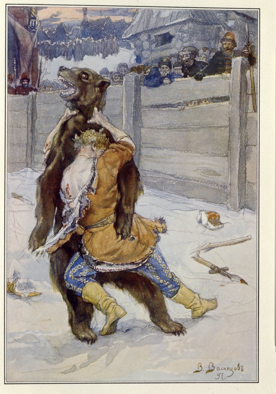 Medvědí boj v době ruského cara Feodora I. Ivanoviče (nebo Theodora I. Ionoviče od Victor Mikhailovich Vasnetsov