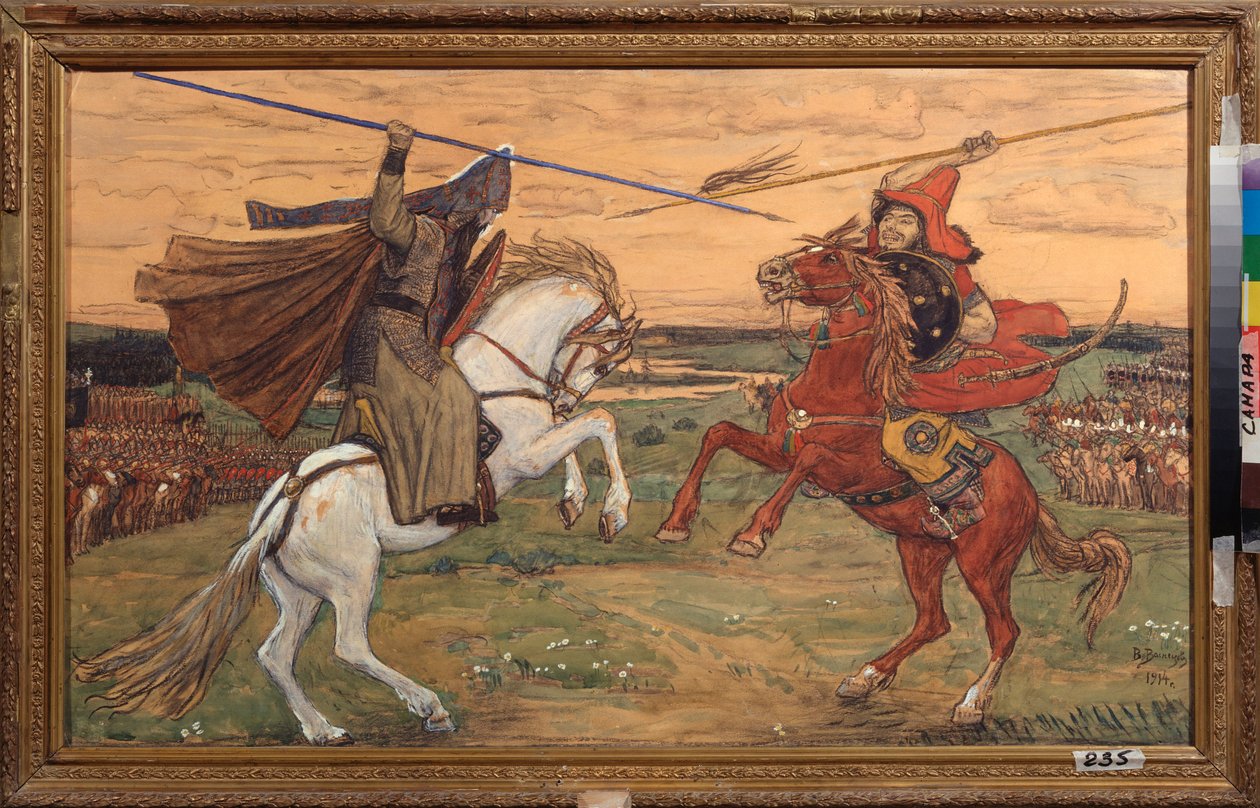 Souboj Alexandra Peresveta a Tatara Chelibeye (nebo Chelubey, Temir Mourza (Temir-Mourza) na Kulikovo pláni v roce 1380, během bitvy mezi Rusy a Zlatou hordou (jednotný boj Peresvet a Temir Murza (Temir-Murza) na Kulikovu od Victor Mikhailovich Vasnetsov