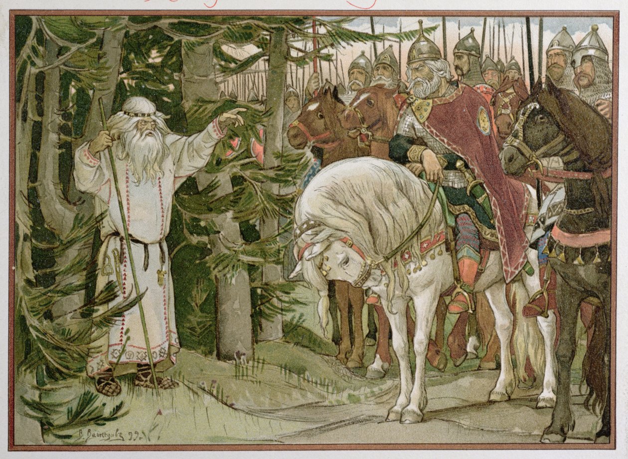 Princ Oleg (d.c.912) se setkává s věštcem, který prorokuje, že jeho kůň bude příčinou jeho smrti, ilustrace z „Písně Olega Moudrého“. 1899 od Victor Mikhailovich Vasnetsov