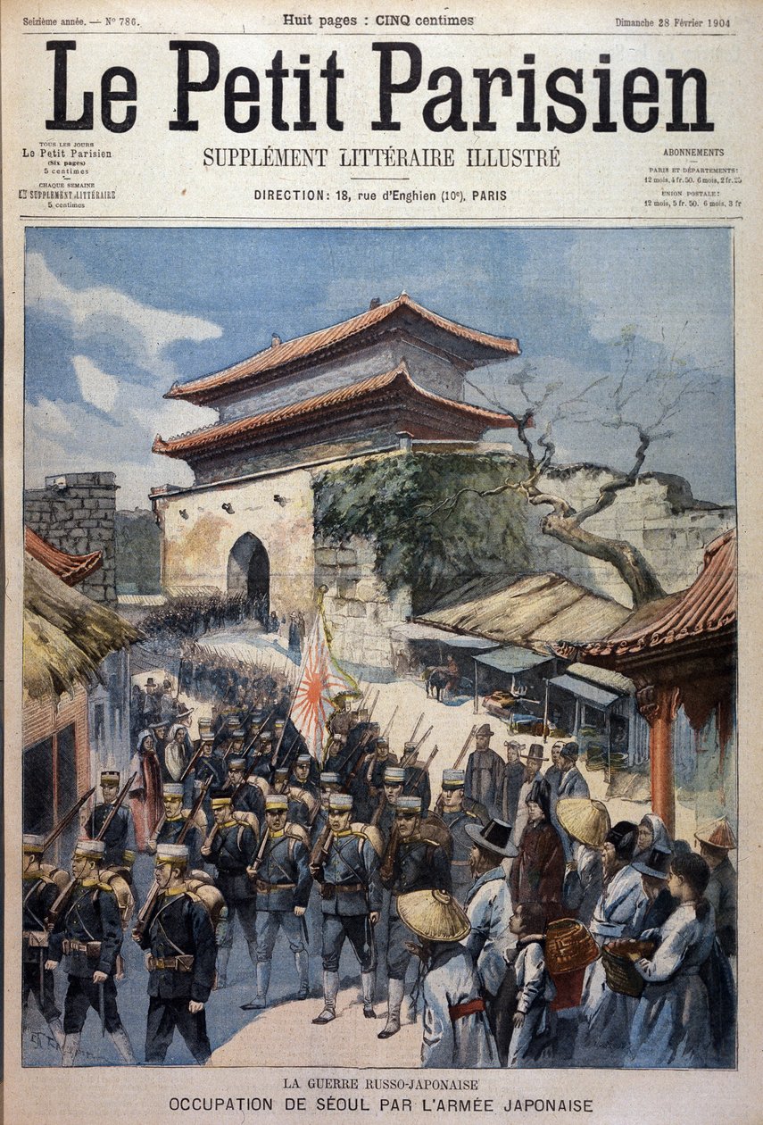 Japonská armáda okupuje Soul, Korea - rytina z Le Petit Parisien, 28/02/1904 od Victor Mottez