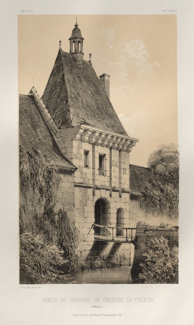 Malebná architektura aneb památky 15. století. A XVI. Století: Hrady Francie XV a XVI Století: Pl. 48, Brána hradu Fresnay-Le-Puceux (Calvados) od Victor Petit