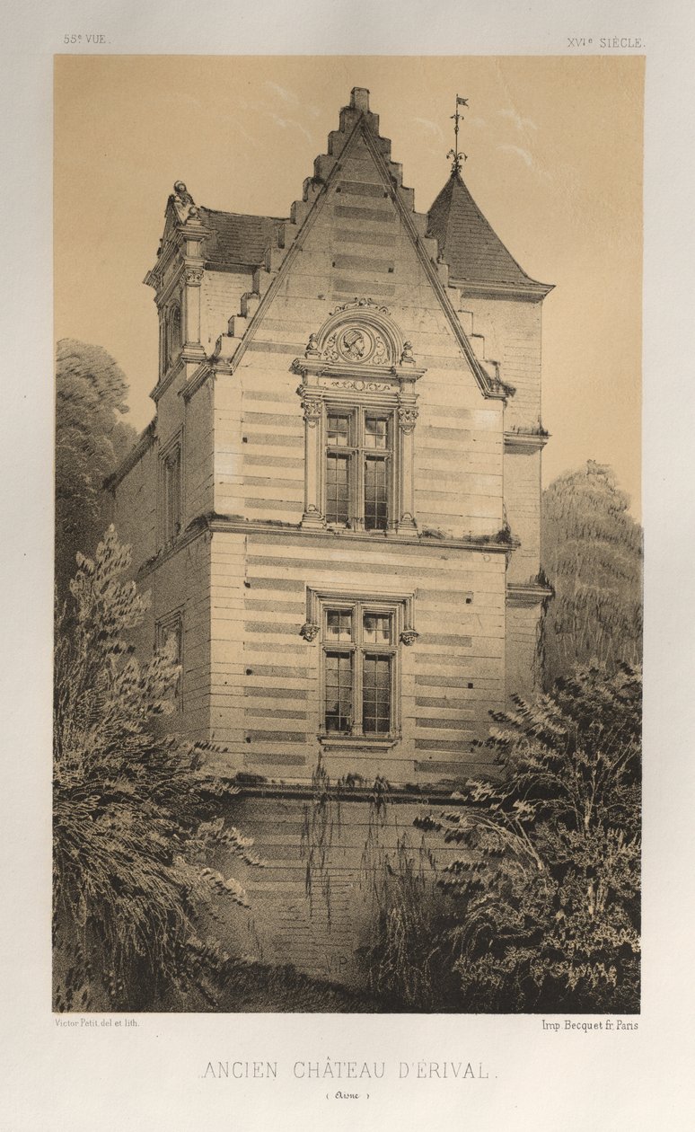 Malebná architektura aneb památky 15. století. A XVI. Století: Francouzské zámky XV a XVI Století: Pl. 55, Starý hrad Érival (Aisne) od Victor Petit