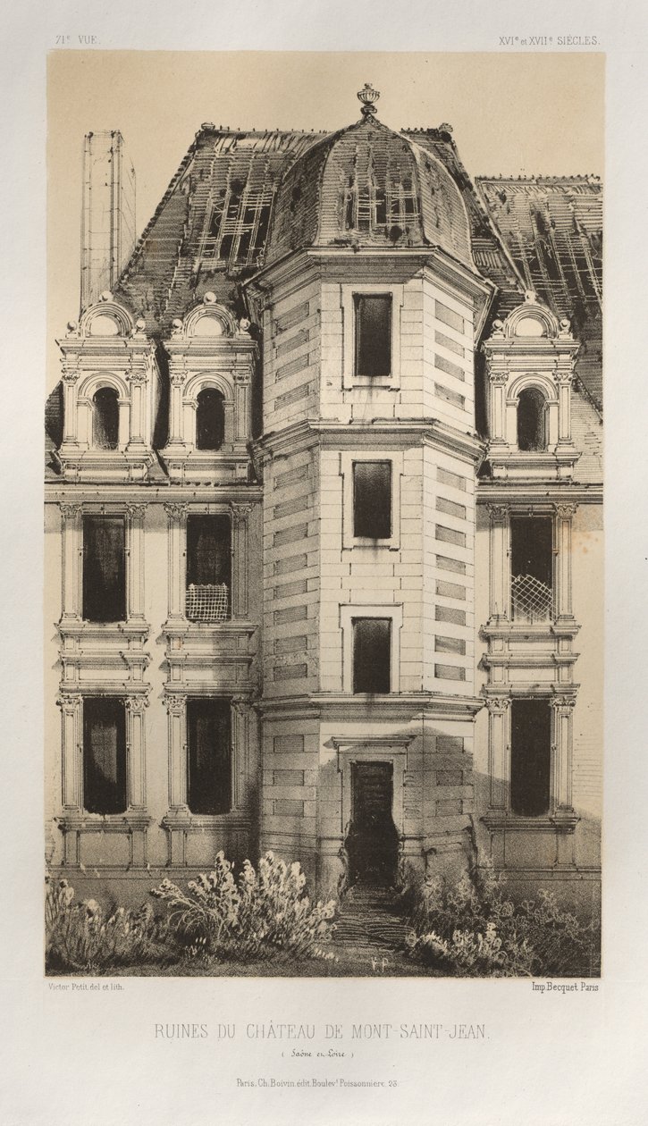 Malebná architektura aneb památky 15. století. A XVI. Století: Hrady Francie XV a XVI Století: Pl. 71, Zřícenina hradu Mont-Saint-Jean (Saône et Loire) od Victor Petit