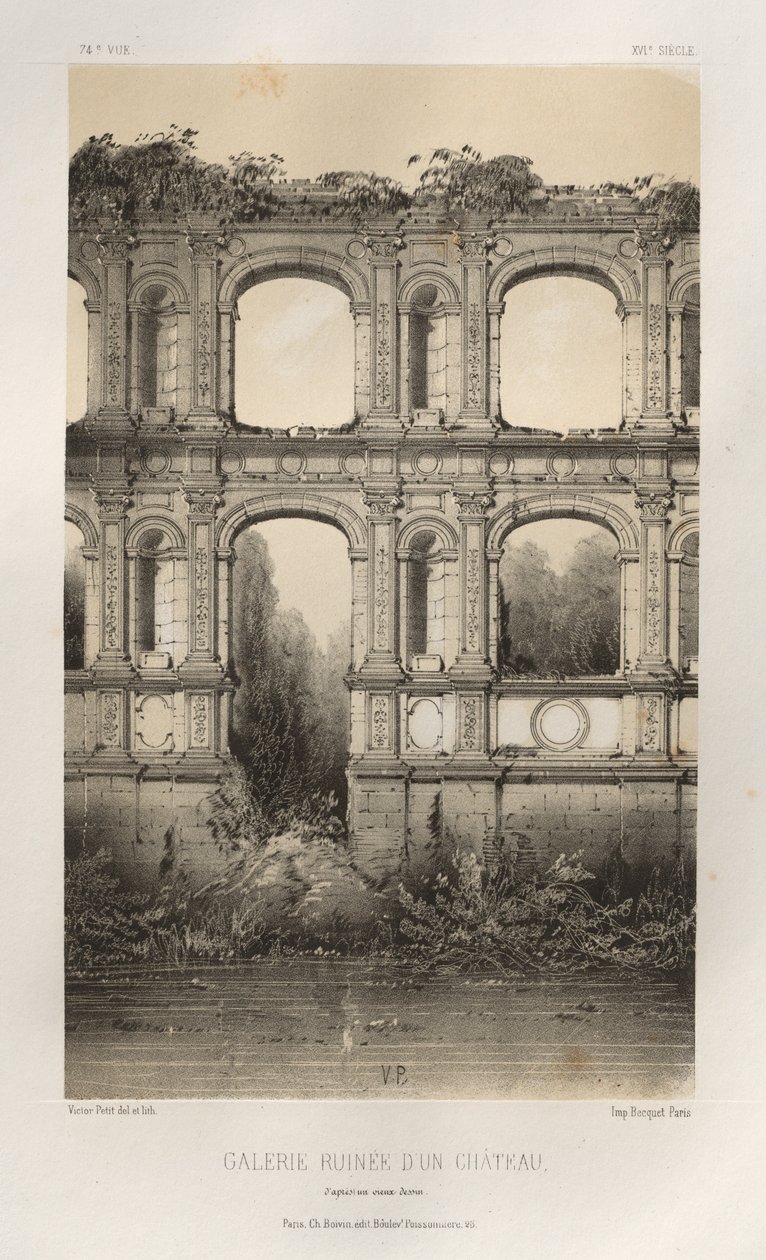 Malebná architektura aneb památky 15. století. A XVI. Století: Hrady Francie XV a XVI Století: Pl. 74, Zřícenina hradu, podle staré kresby od Victor Petit