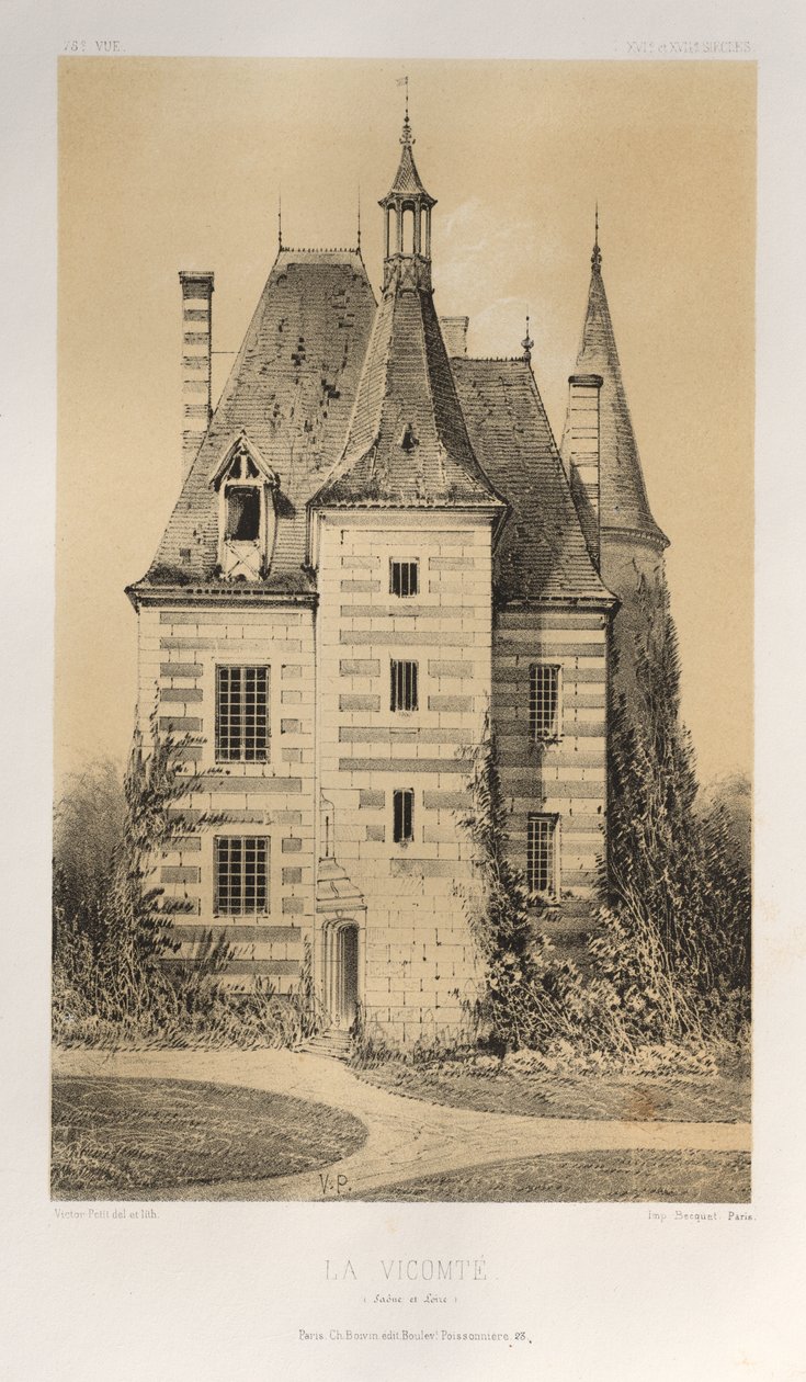 Malebná architektura aneb památky 15. století. A XVI. Století: Francouzské zámky XV a XVI Století: Pl. 75, La Vicomté (Saône et Loire) od Victor Petit