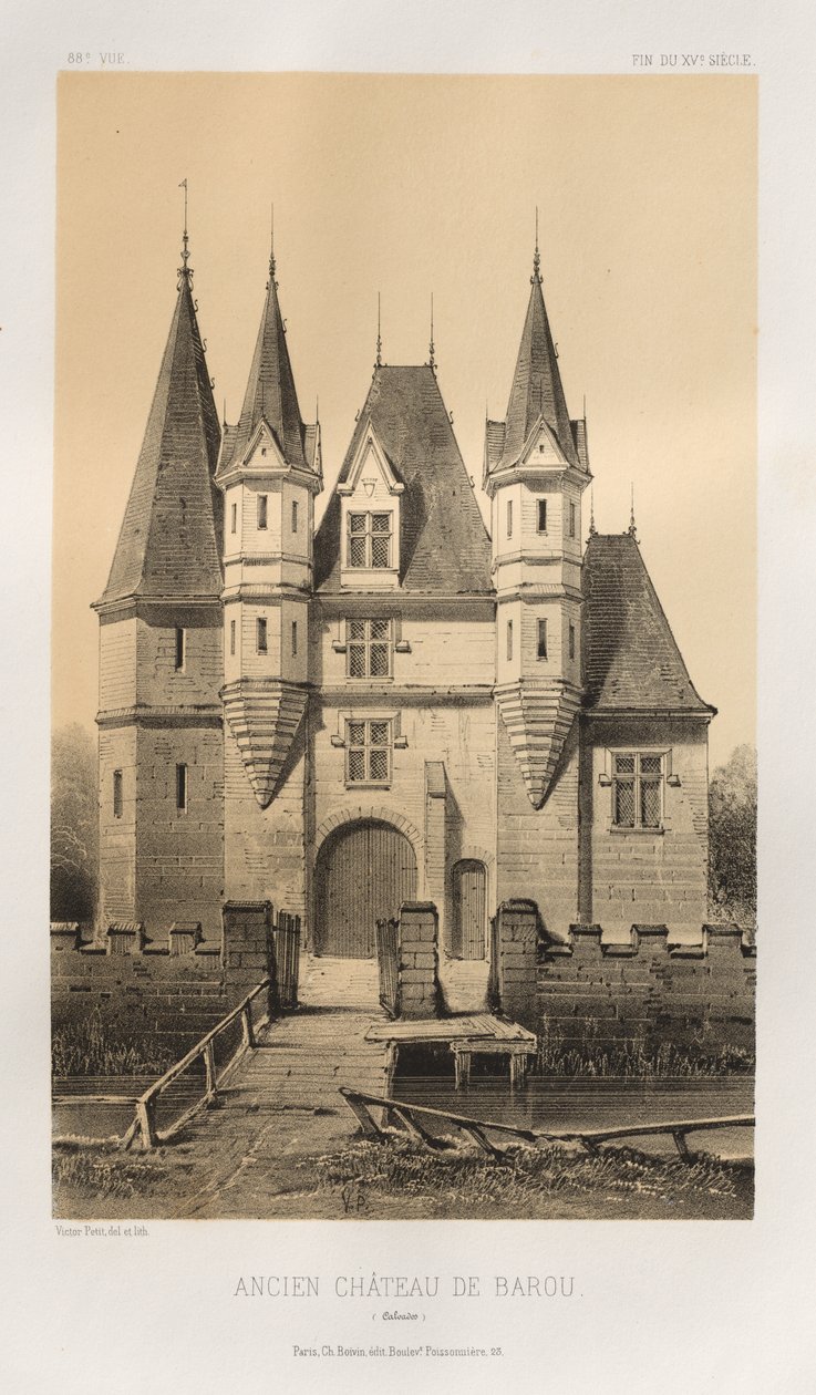 Malebná architektura aneb památky 15. století. A XVI. Století: Francouzské zámky XV a XVI Století: Pl. 88, Starý hrad Barou (Calvados) od Victor Petit
