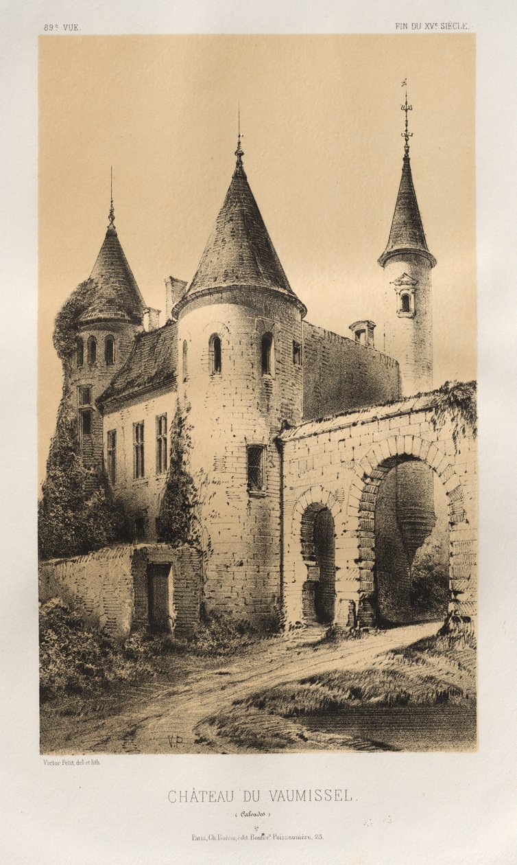 Malebná architektura aneb památky 15. století. A XVI. Století: Hrady Francie XV a XVI Století: Pl. 89, Château du Vaumissel (Calvados) od Victor Petit